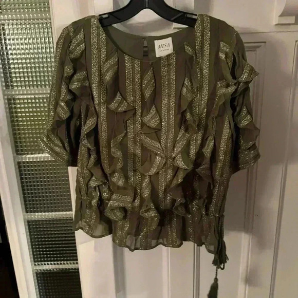 MISA Los Angeles green w metallic stripe short sleeve ruffle blouse size XS - Picture 2 of 12